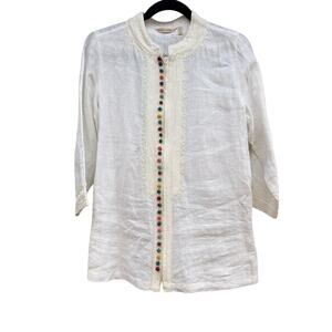 SOFT Surroundings Linen White Blouse with Colorful Button Accents, women's small